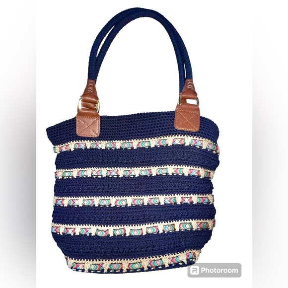 The Sak Cambria Crocheted Large Double Strap Zip Top Tote Navy Woven Ribbon - Picture 10 of 10